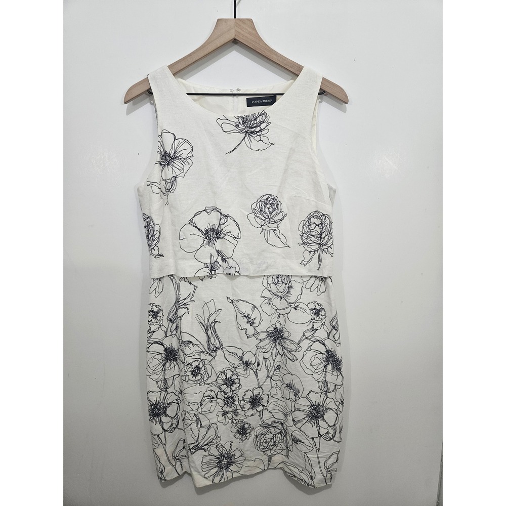 Ivanka Trump 12 Linen Blend Floral Popover Sheath Dress Black White Sleeveless